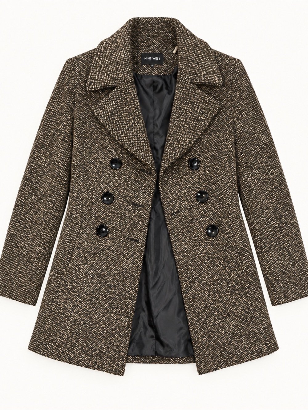 Nine West Brown Tweed Double-Breasted Peacoat with Black Lining